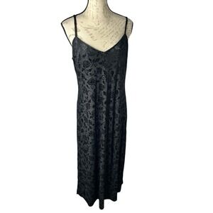 Cosmic Aura Black Floral Rose Burnout Velvet Midi Slip Dress V-Neck Gothic XL